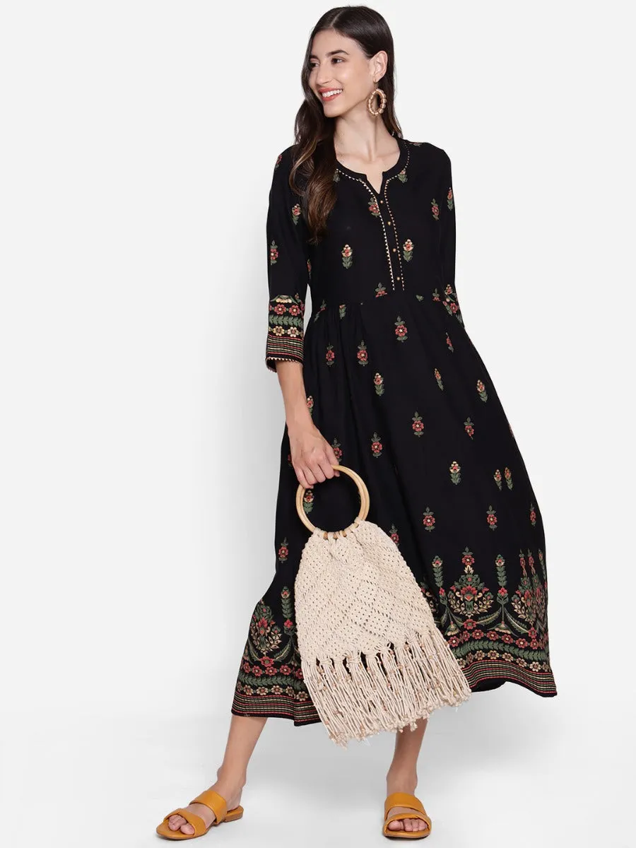 Women Black Floral Printed Dress Sustainable Wear