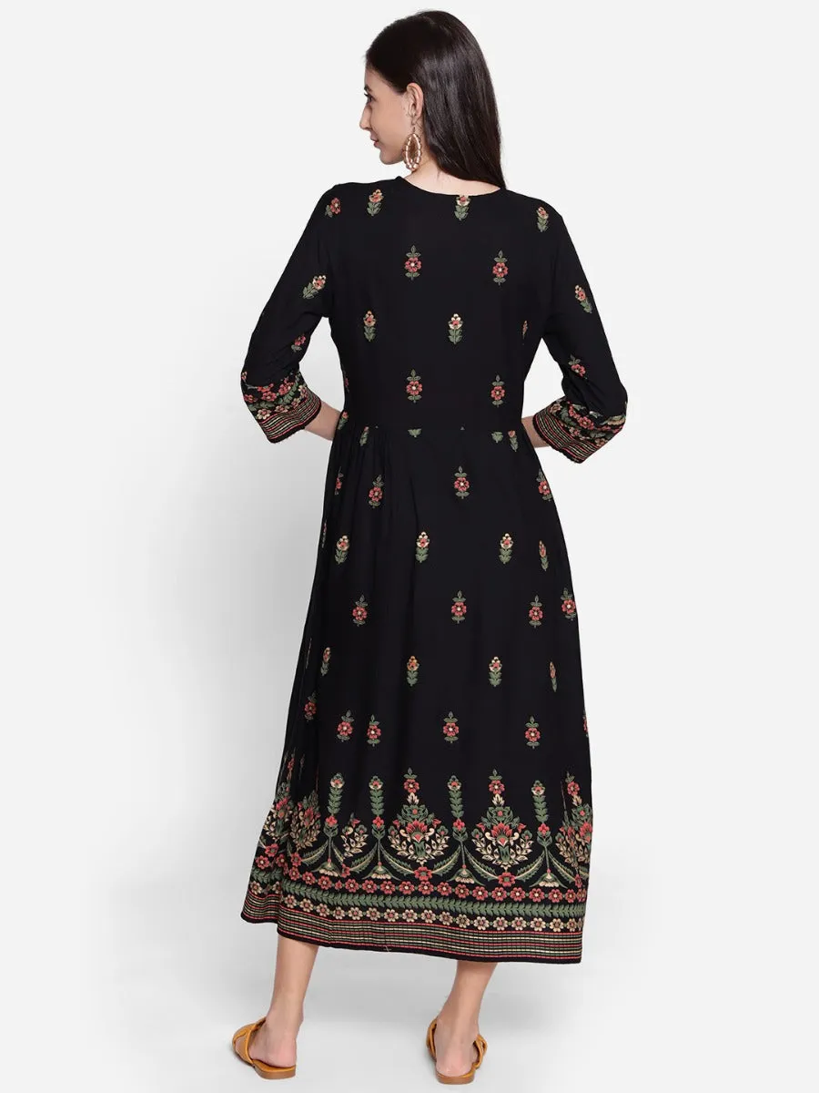 Women Black Floral Printed Dress Luxury Apparel Professional Clothing