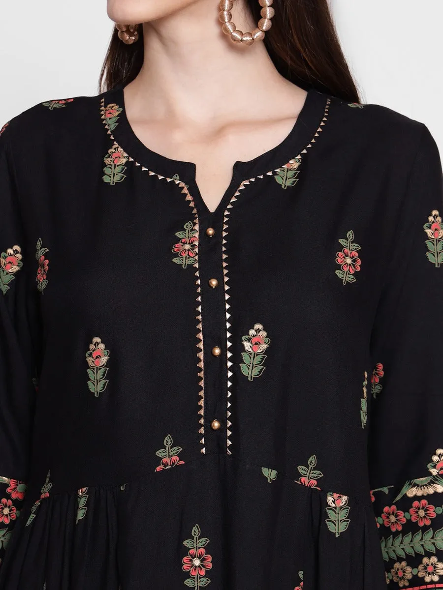 Women Black Floral Printed Dress Colorfast Dye Easy Go