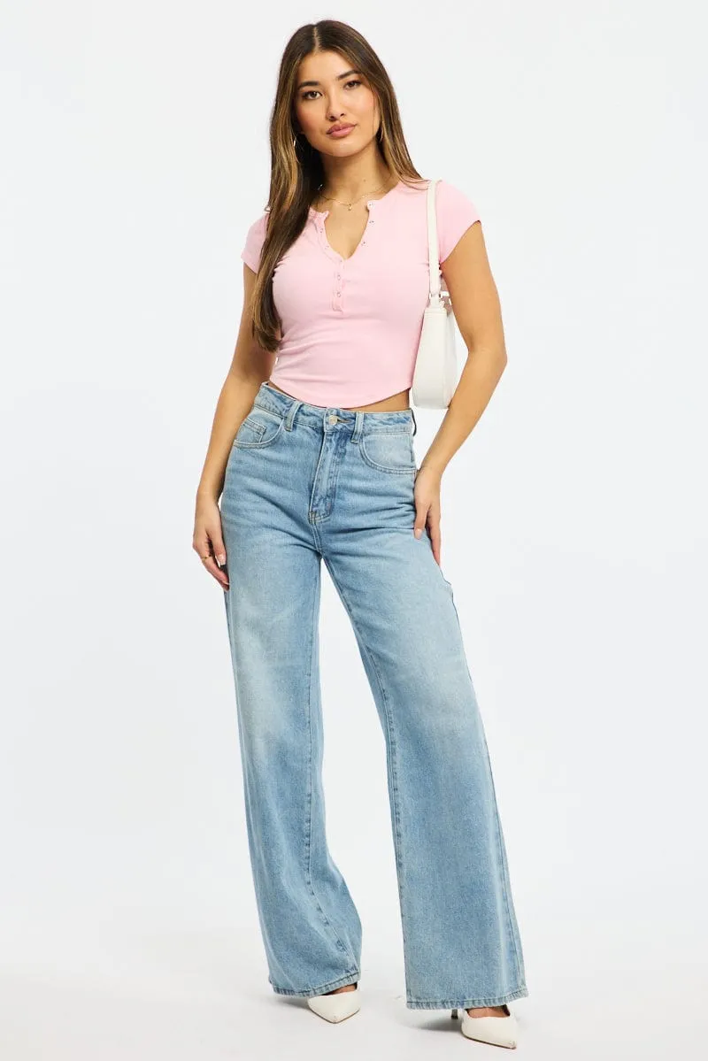 Trendy Jacket Pink T-shirt Short Sleeve Henley Neck Rib