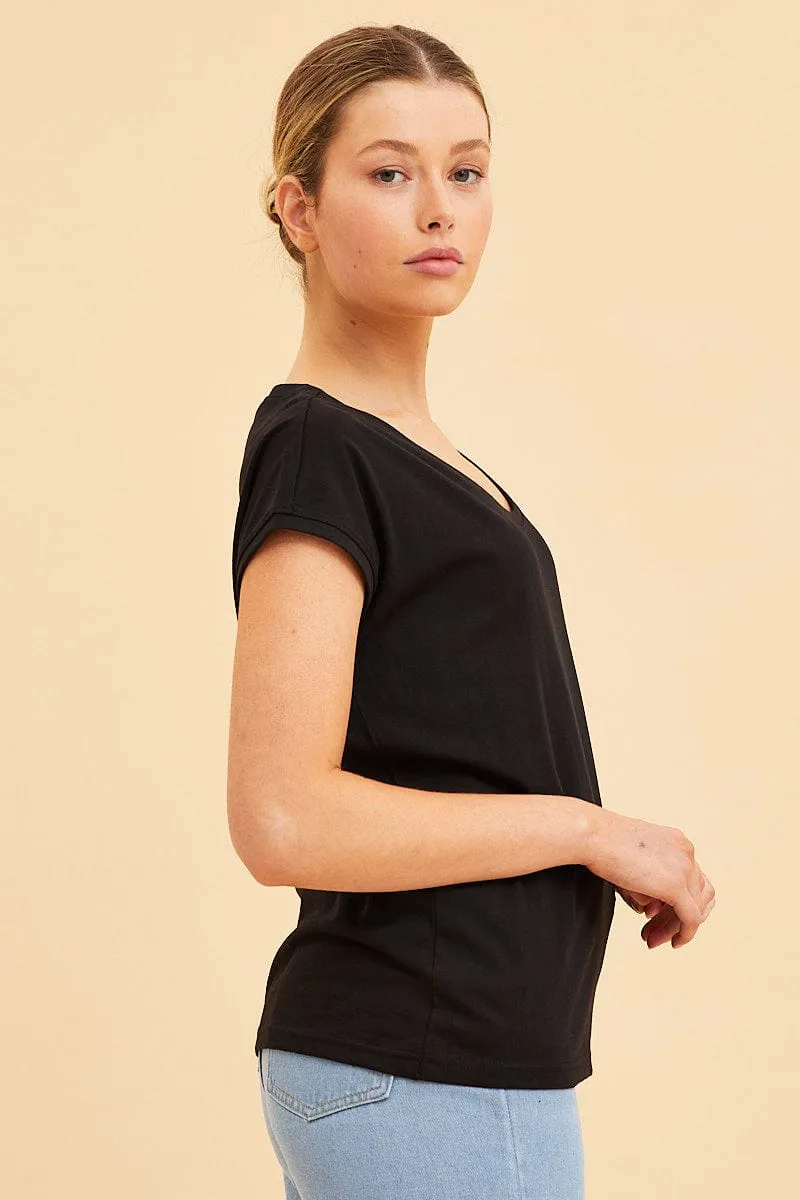 Black Relaxed T-Shirt Scoop Neck Drop Shoulder Weekend Wear