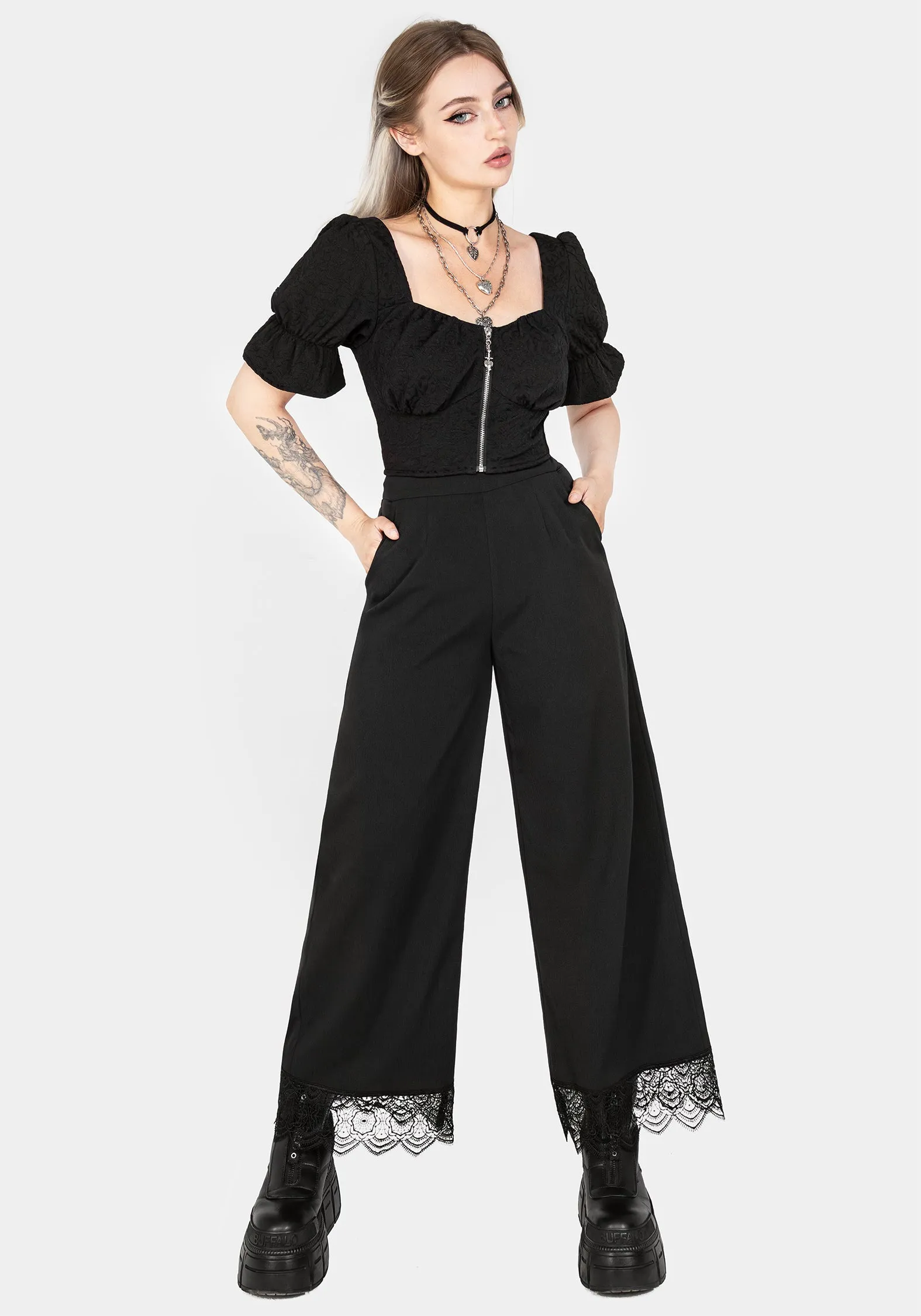 MoistureWicking Sporty Style Araneo Lace Hem Wide Leg Trousers