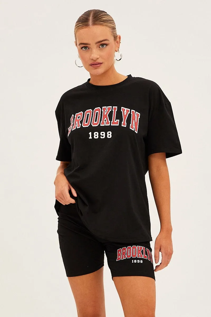Effortless Look Black Graphic T And Biker Shorts Set
