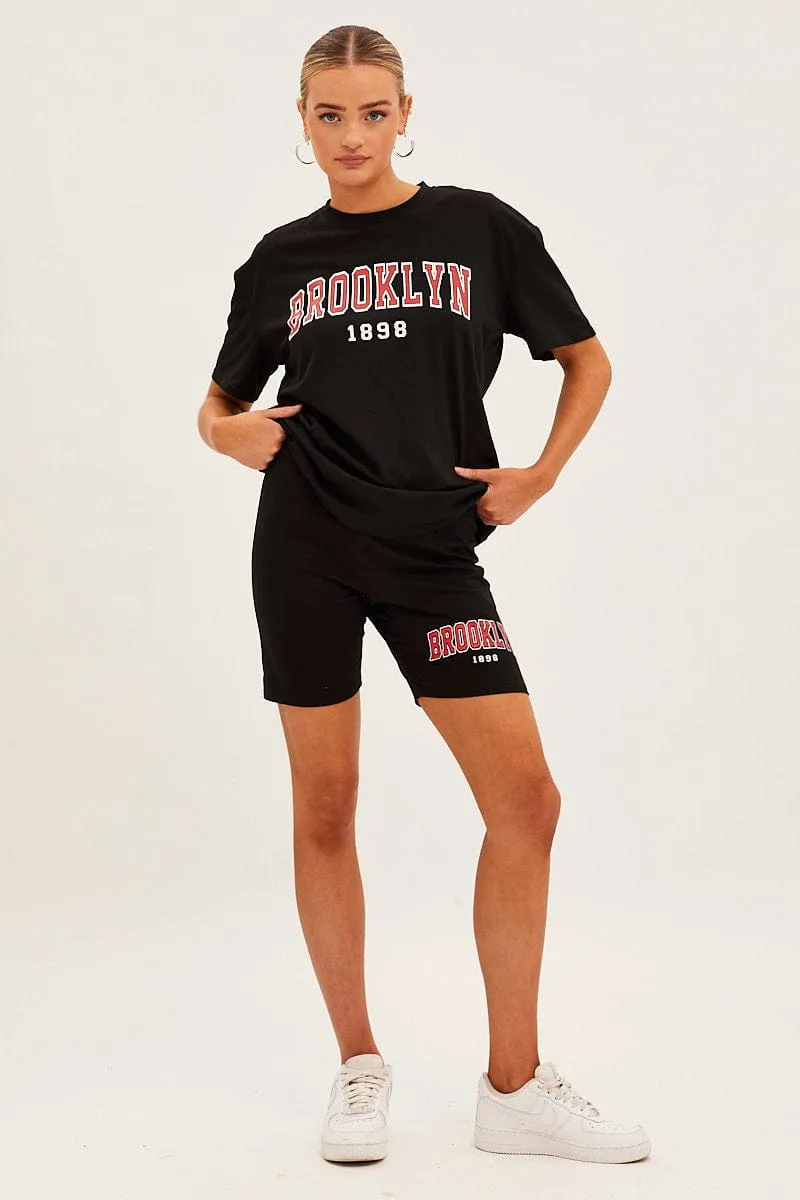 printed shorts Black Graphic T And Biker Shorts Set