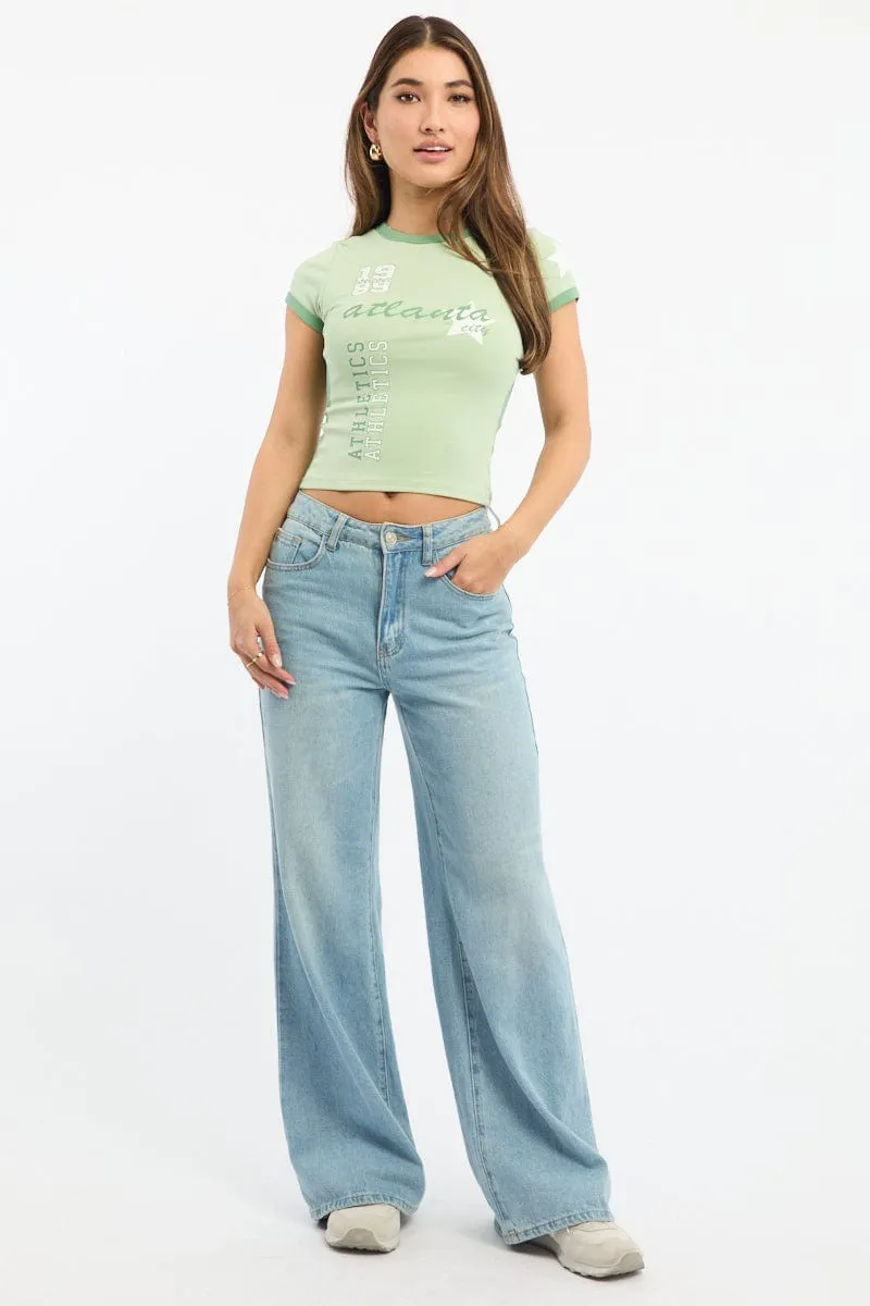 Casual Style Wear insulated Green Graphic Tee Short Sleeve