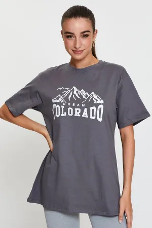 Soft Feel Outdoor Sports Grey Graphic T-Shirt Short Sleeve