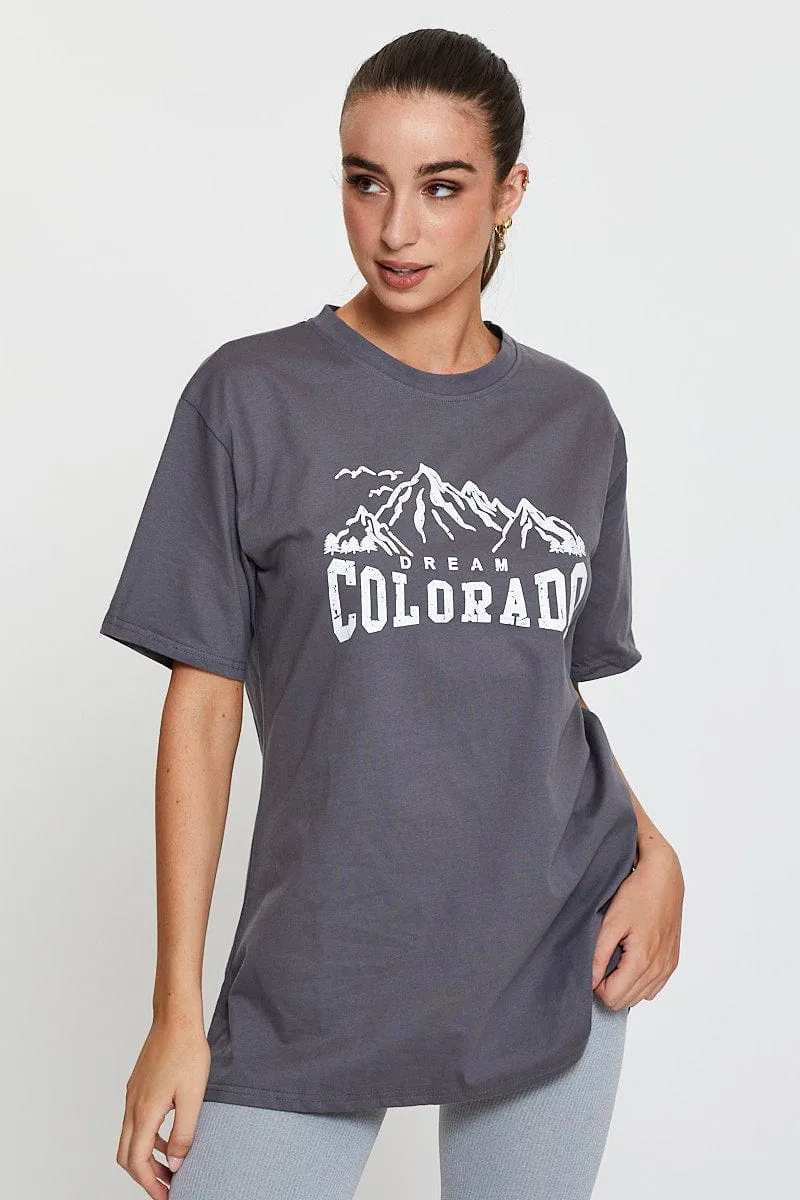 Grey Graphic T-Shirt Short Sleeve Weekend Ready
