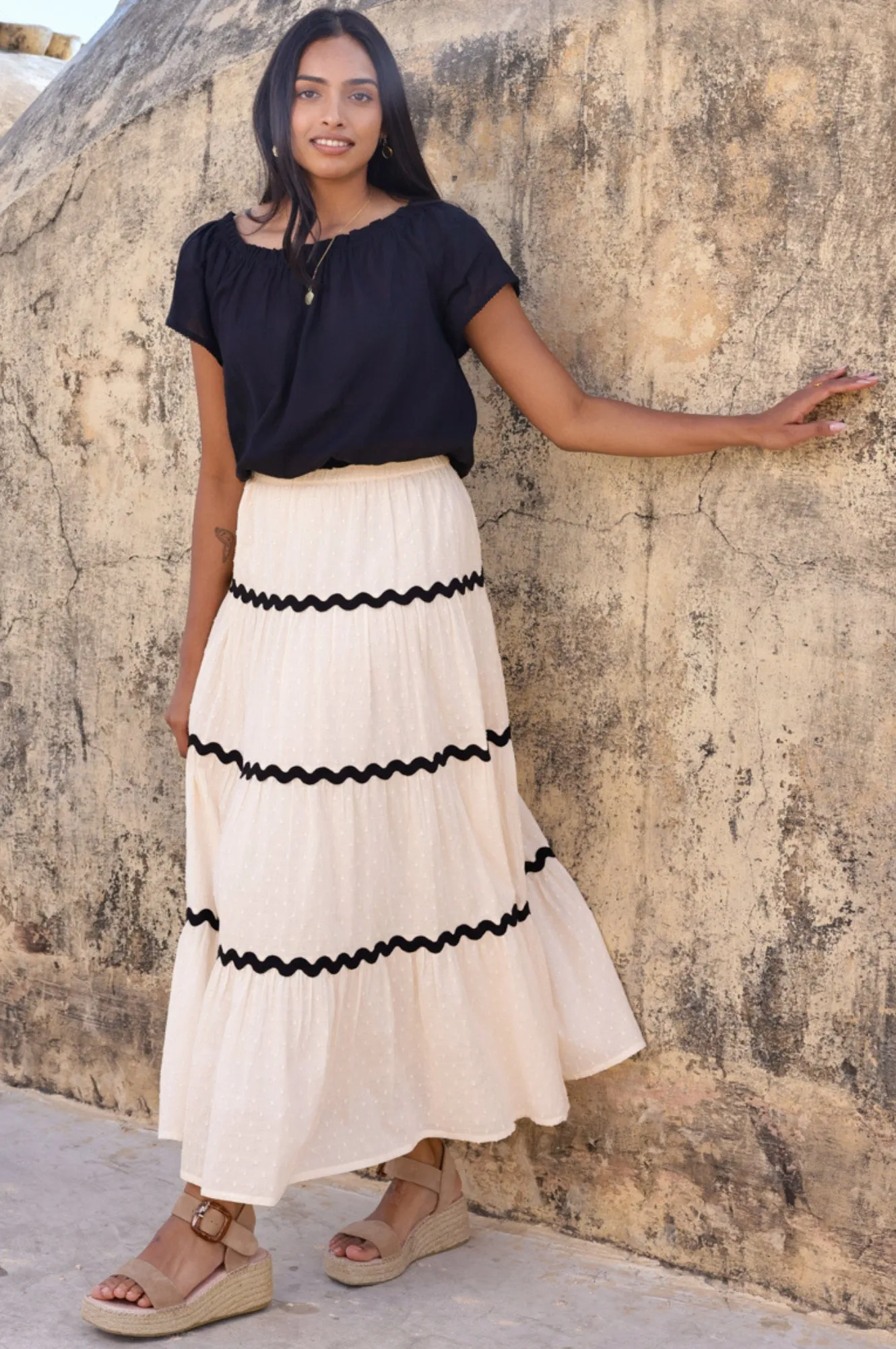 Fashion Week Ready Outfit Mood Organic Cotton Dobby Ric Rac Skirt | Antique Cream/Black