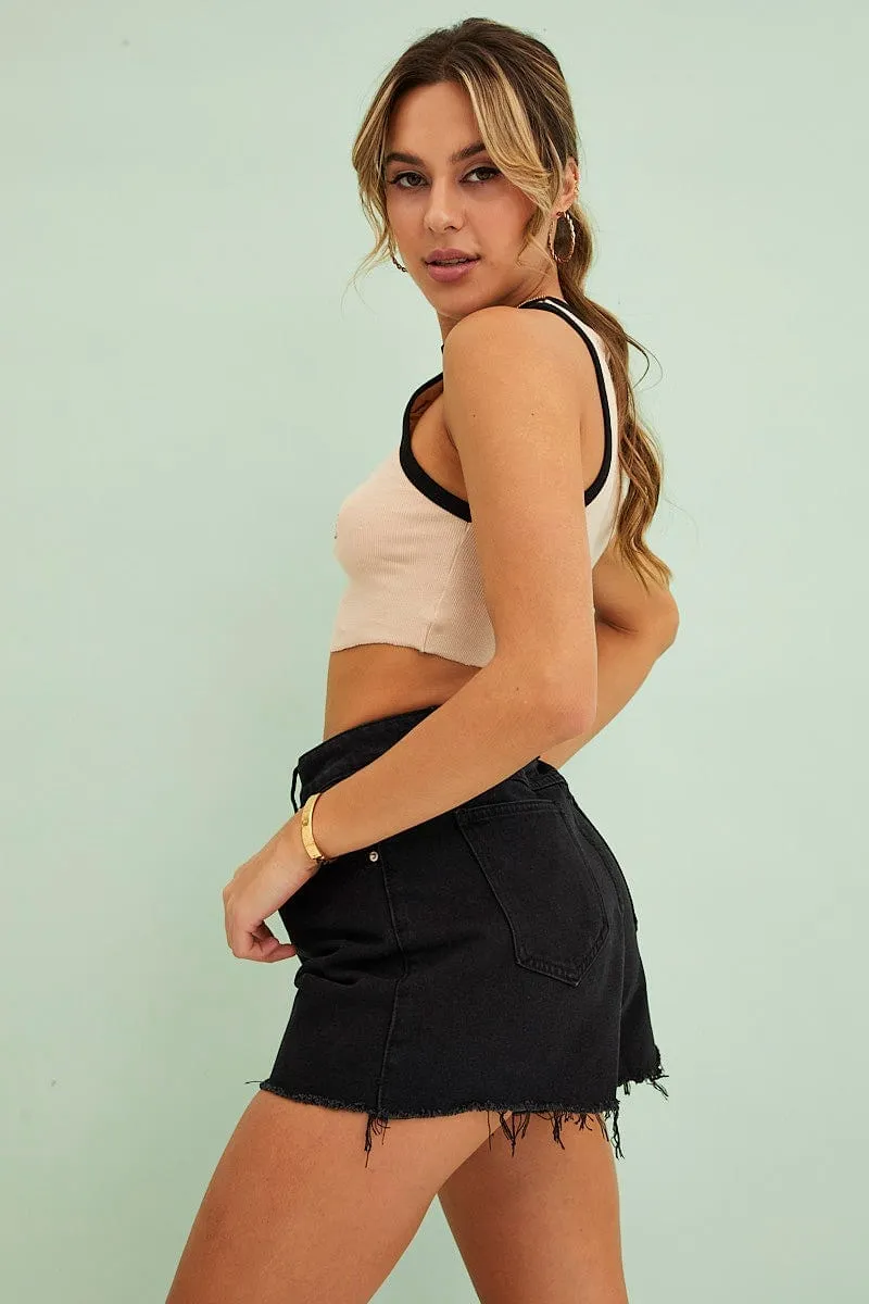 Black Denim Shorts High Rise Relaxed Tailored Cut