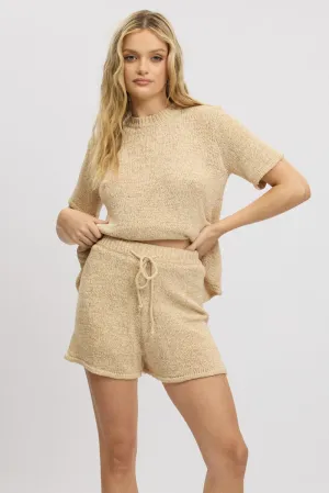 Stretchable Material Casual Outfit Beige Knit Shorts Elasticated Waist
