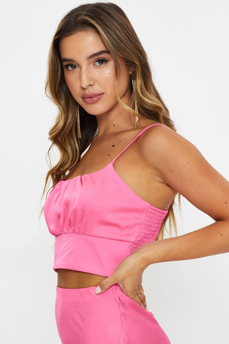 Pink Satin Ruched Singlet Crop Top SkinFriendlyElastic Loose Thread