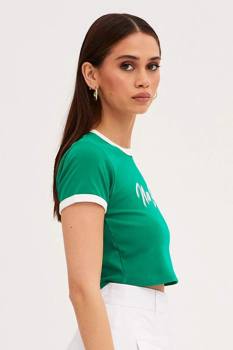 Spandex Enhanced Elasticity Green Baby Tee Short Sleeve Crew Neck Crop New York