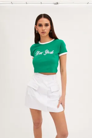 Green Baby Tee Short Sleeve Crew Neck Crop New York Slim Fit Cut Cozy Layering