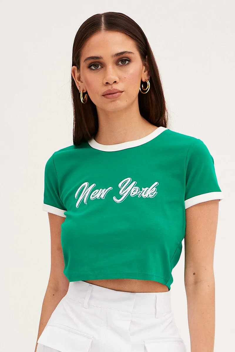Spring Wear Green Baby Tee Short Sleeve Crew Neck Crop New York
