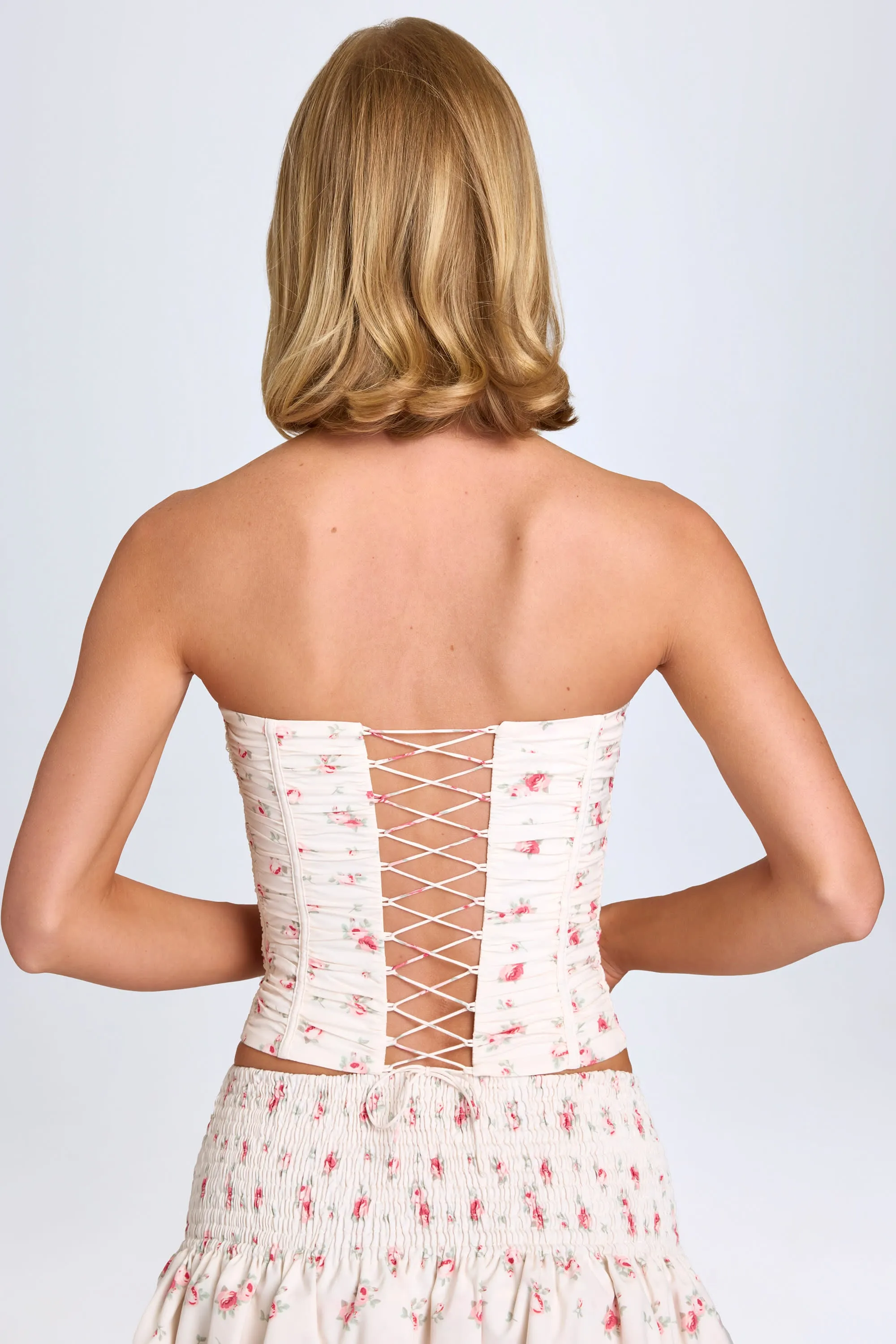 Ruched Lace-Up Corset Top in Small Rose Print Late Breeze Eco Core