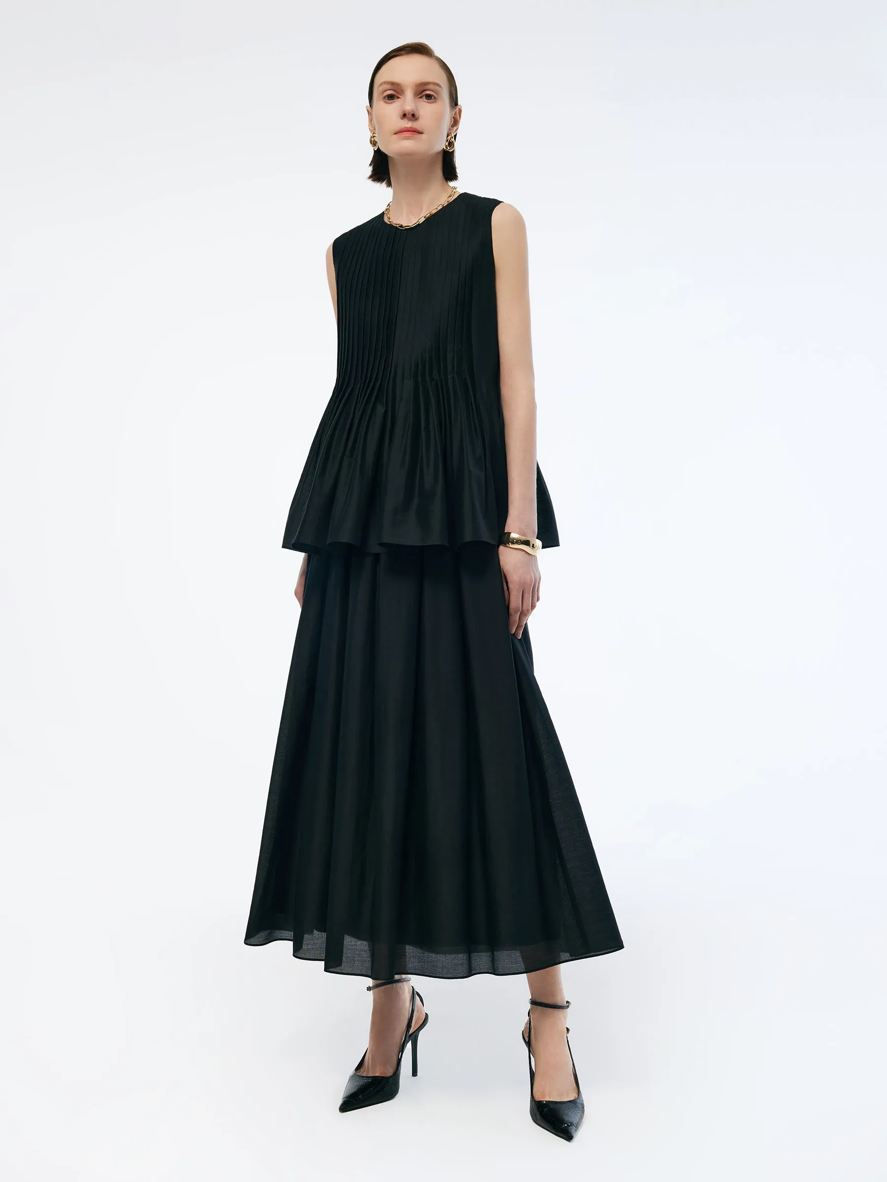 Lightweight Performance Tencel Blend Ruffle Hem Pleated Tank Top And A-Line Skirt Two-Piece Set