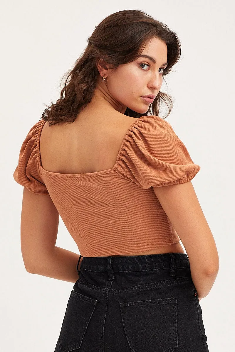 Stretchable Material Comfortable Outfit Brown Top Short Sleeve Cami