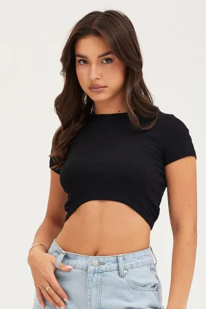 Black Curved Hem T Shirt Ribbed Strong Denim Soft Lining