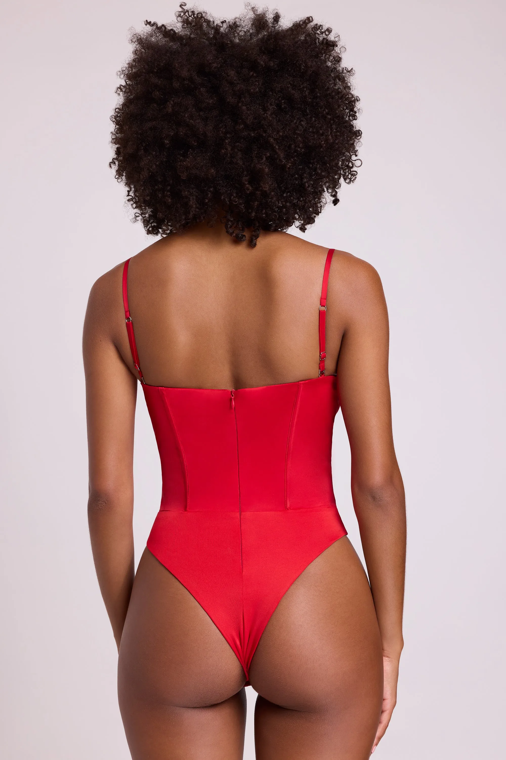 Flexible Joints Satin Plunge Neck Lace Up Corset Bodysuit in Fire Red