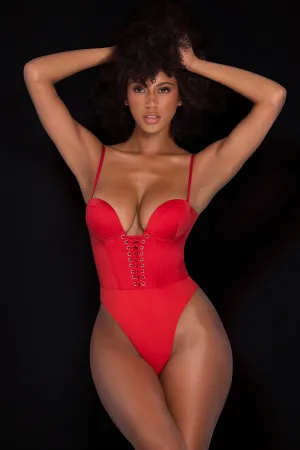 HighElasticity Stylish Look Satin Plunge Neck Lace Up Corset Bodysuit in Fire Red