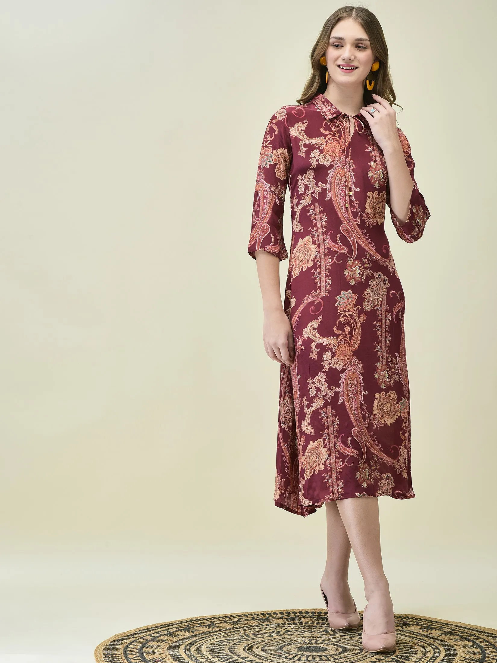 Princess Glow Women Crepe Burgundy Paisley Print Dress