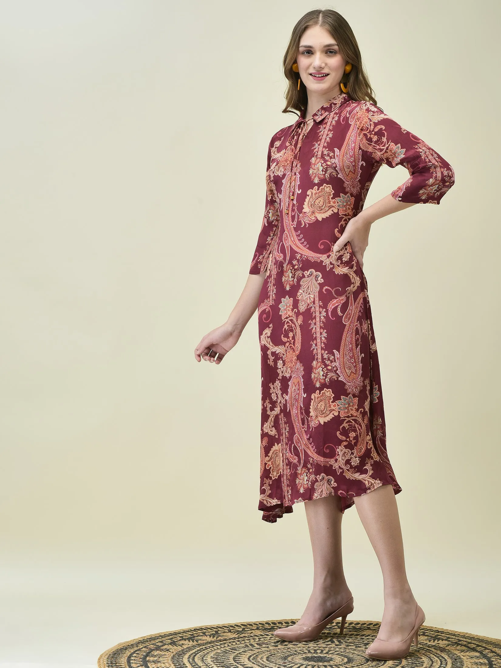 Stylish Layer Layer Safe Women Crepe Burgundy Paisley Print Dress