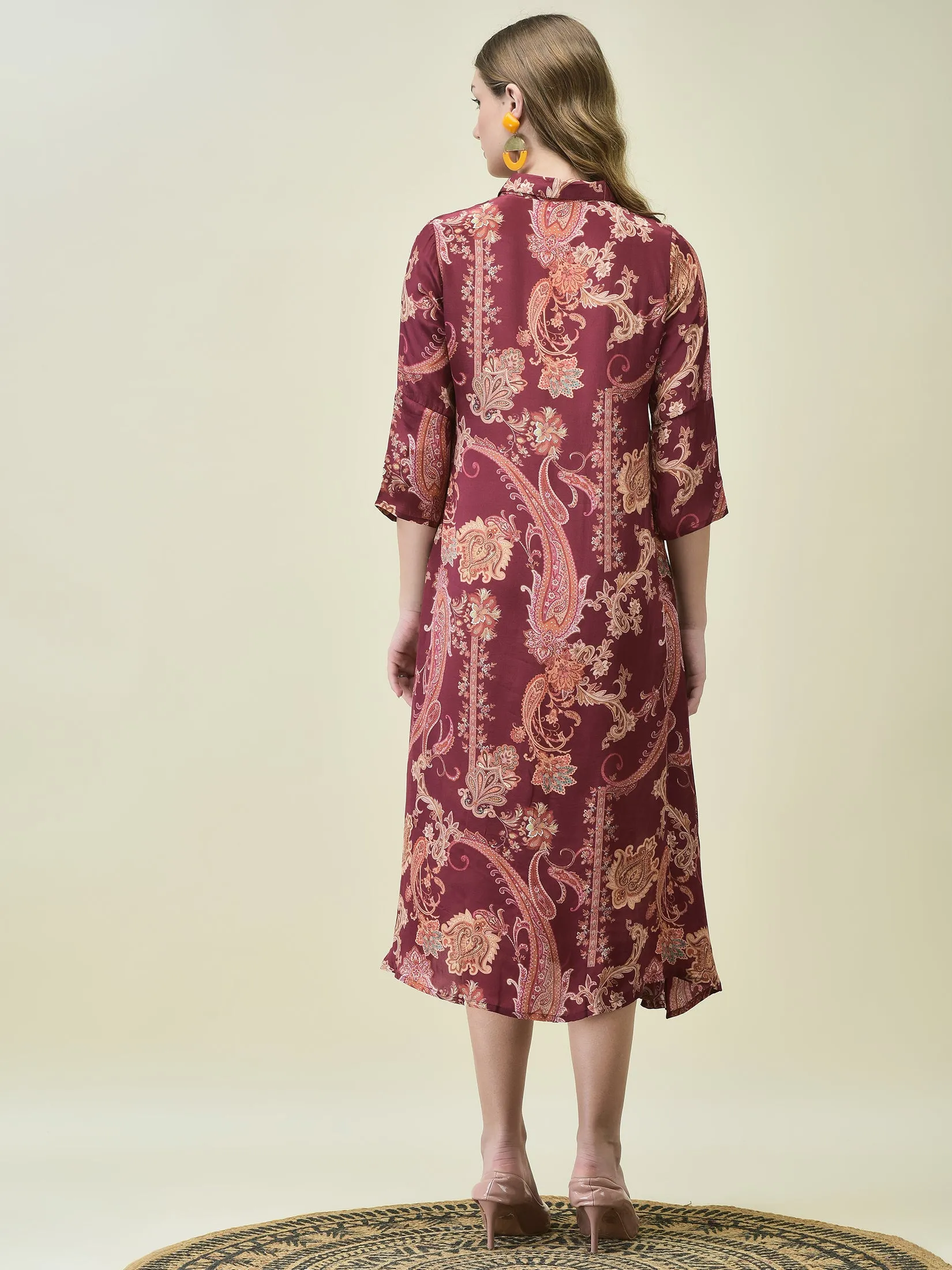 Women Crepe Burgundy Paisley Print Dress MoistureControl Lining Bonded Seam Technology