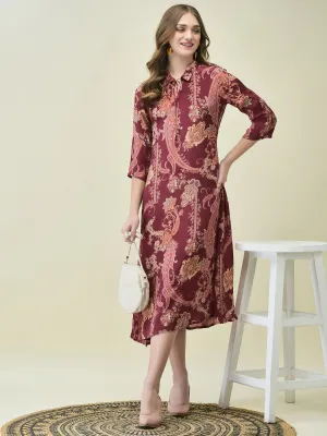 BreathableLining Air Move Women Crepe Burgundy Paisley Print Dress