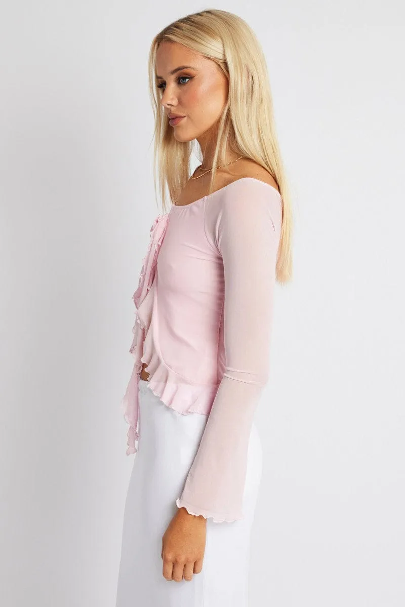 Pink Off Shoulder Top Long Sleeve Elegant Layer