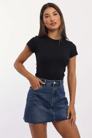 Raw Linen Black T-Shirt Short Sleeve Crew Neck Long Line