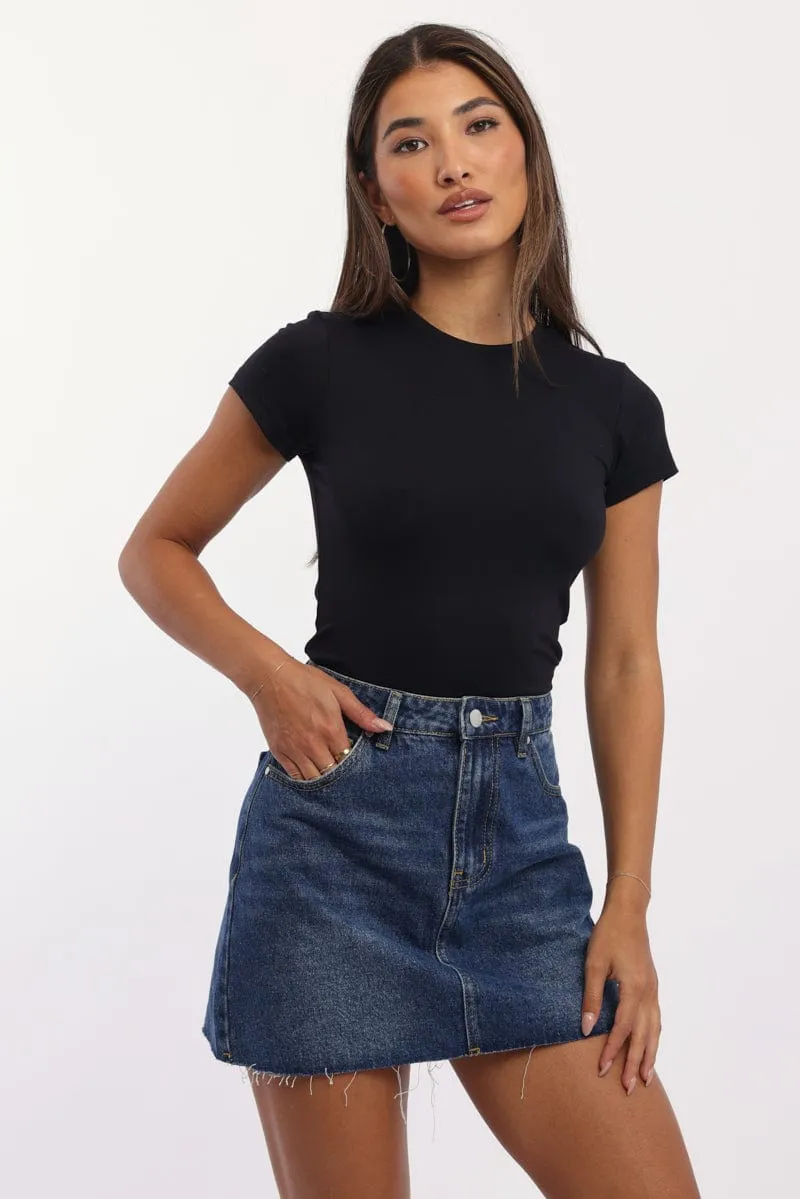 Raw Linen Black T-Shirt Short Sleeve Crew Neck Long Line