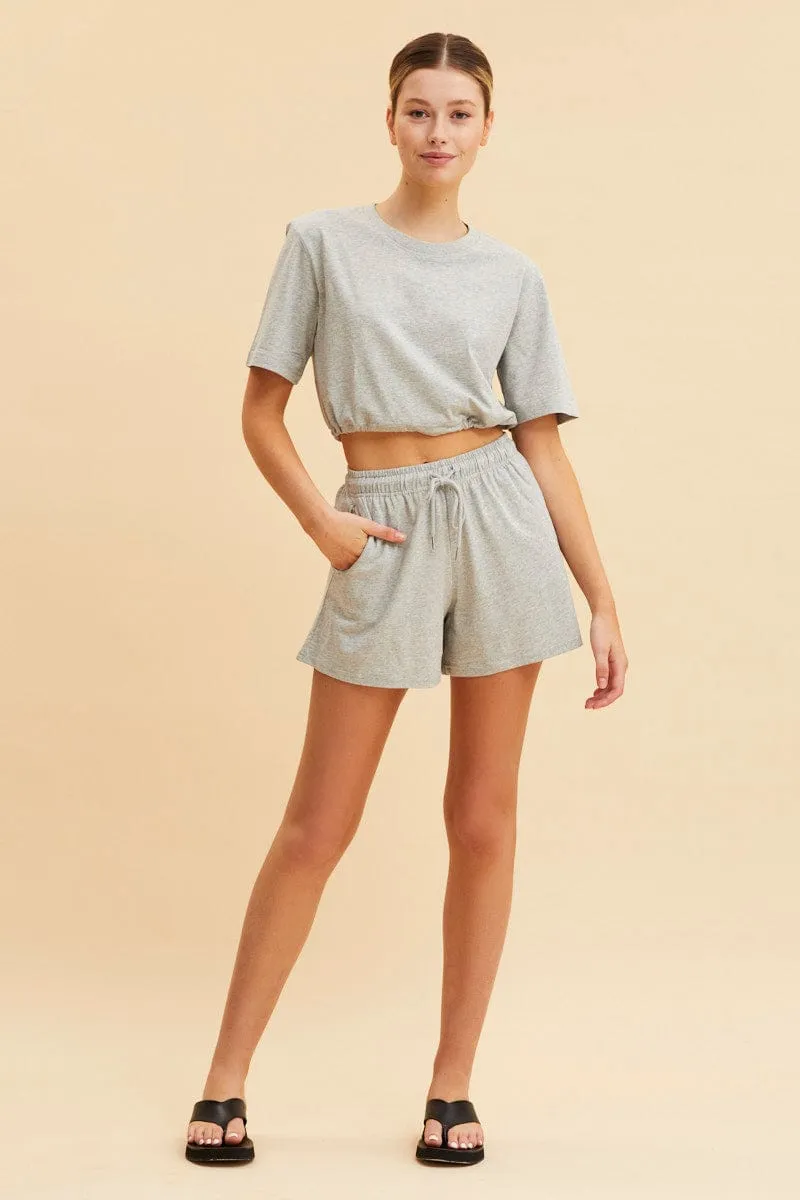Transitional Fashion Carnival Look Grey Cropped T-Shirt Short Sleeve Drawstring Hem