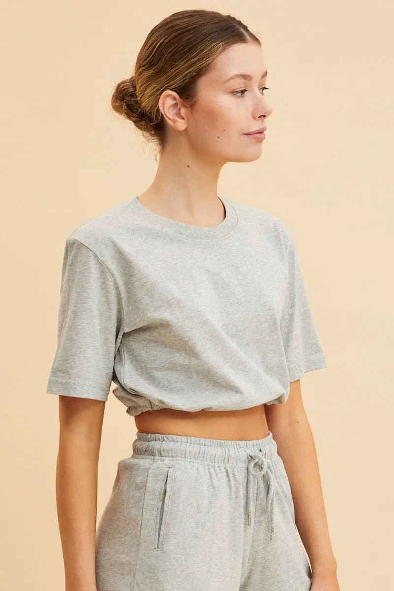 Grey Cropped T-Shirt Short Sleeve Drawstring Hem Statement Wear