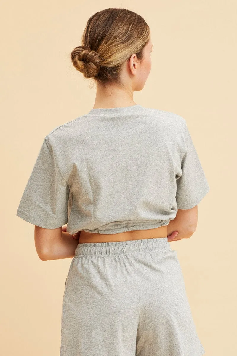 StretchWaistband Grey Cropped T-Shirt Short Sleeve Drawstring Hem