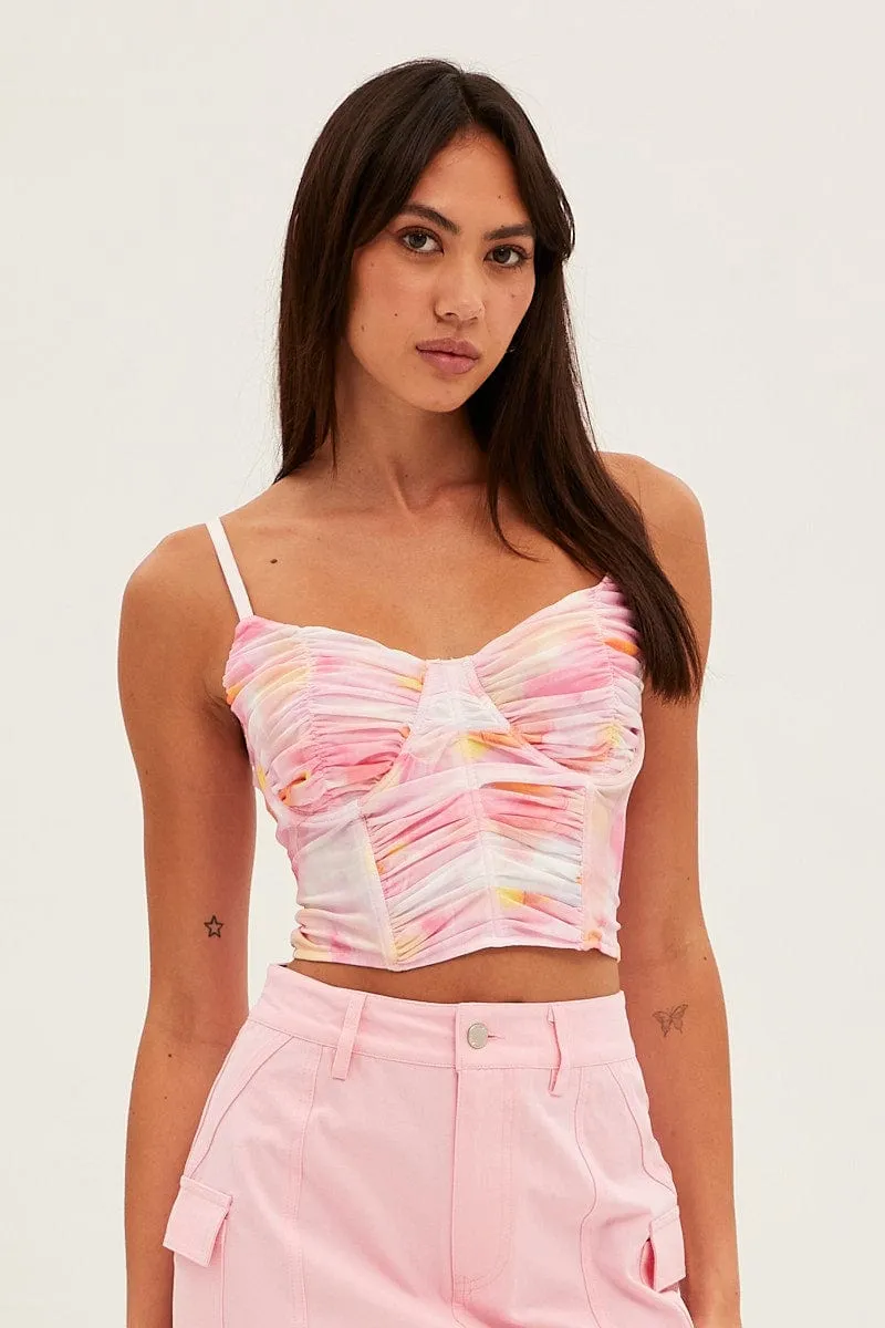 Print Abstract Print Crop Cami Sleeveless Sweetheart Corset Mesh Sheer Fit