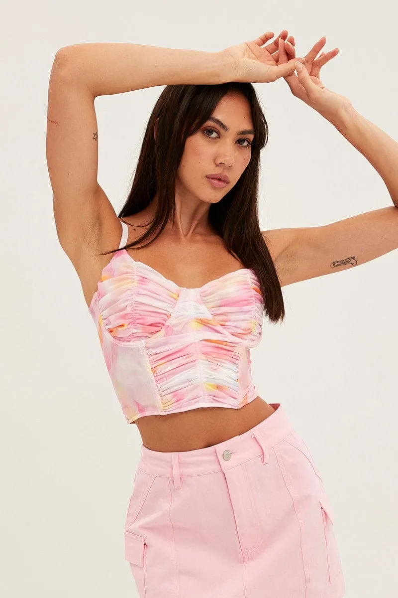 Soft Sweater Flexible Apparel Print Abstract Print Crop Cami Sleeveless Sweetheart Corset Mesh