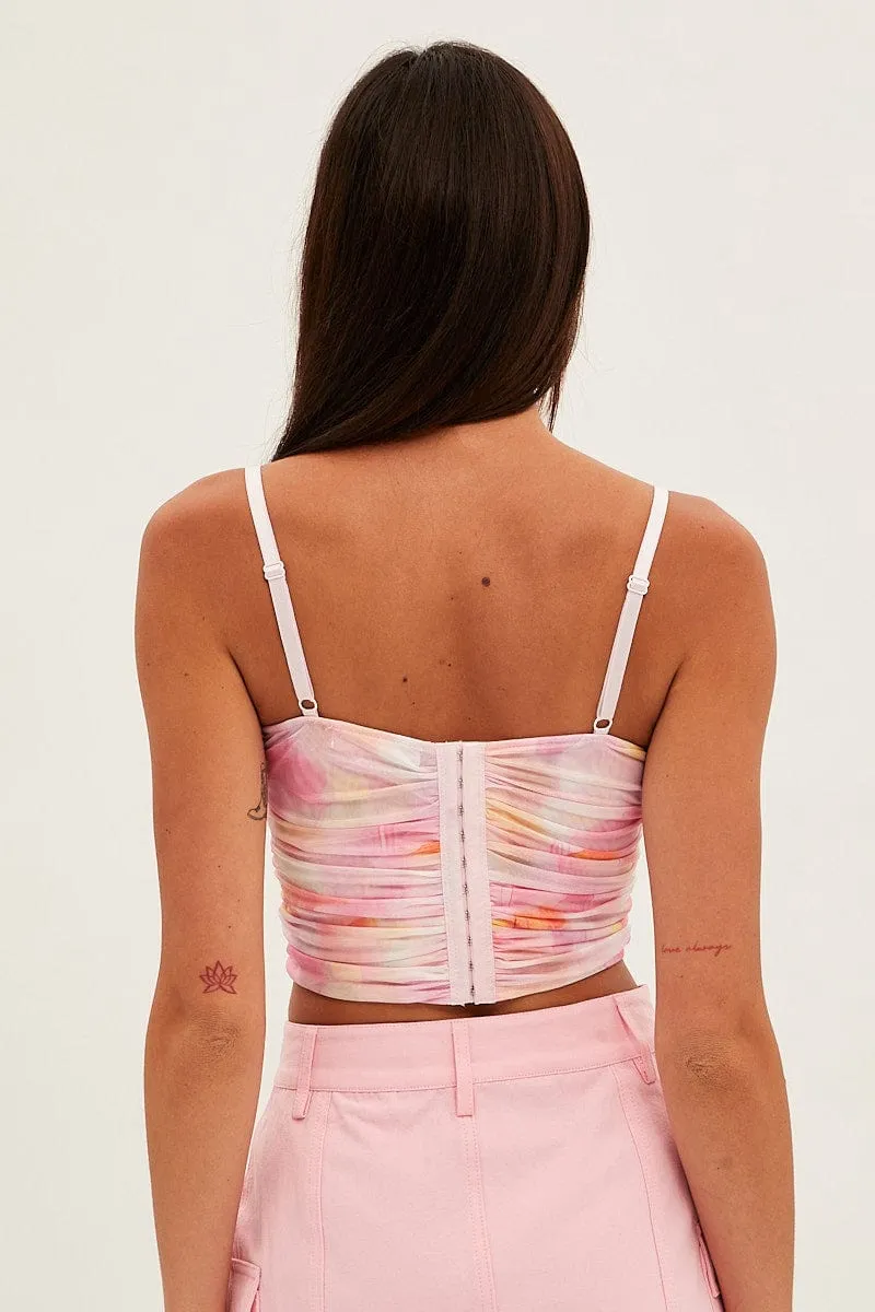 Print Abstract Print Crop Cami Sleeveless Sweetheart Corset Mesh High-Waisted Pants