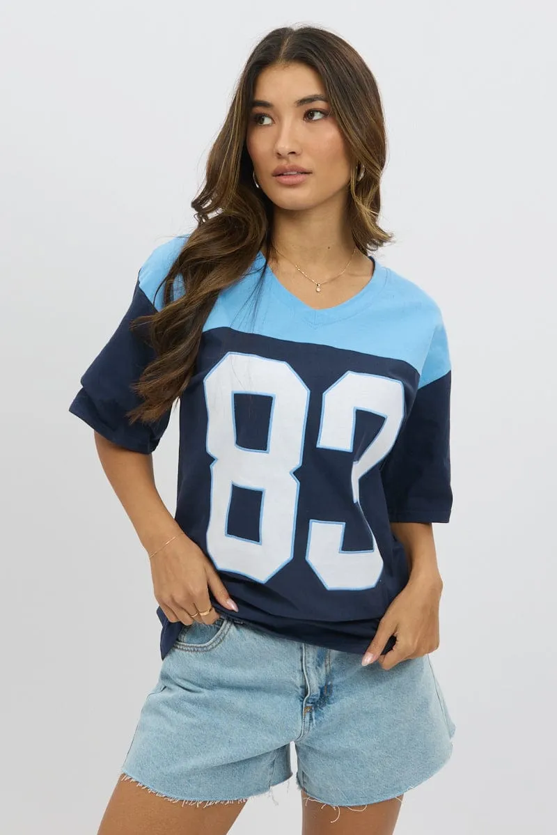 Blue Graphic Tee Short Sleeve Casual Comfort Layer