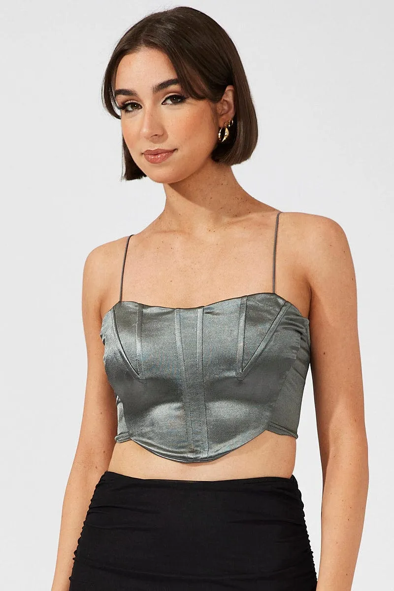 HighElasticity FlatlockStitching Grey Corset Crop Top Straps