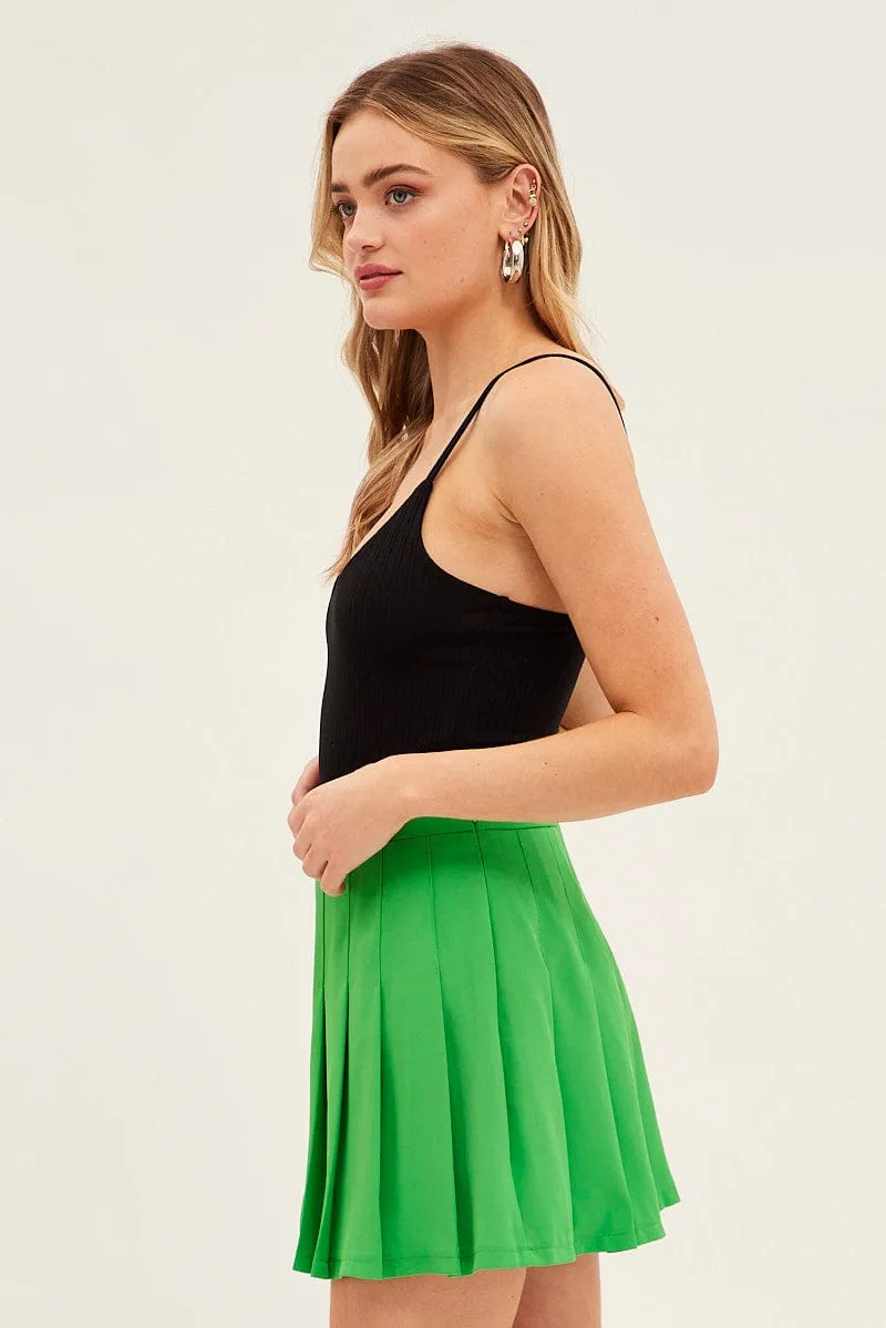 Front Slit Cool Touch Green High Waist Pleated Tennis Skirt