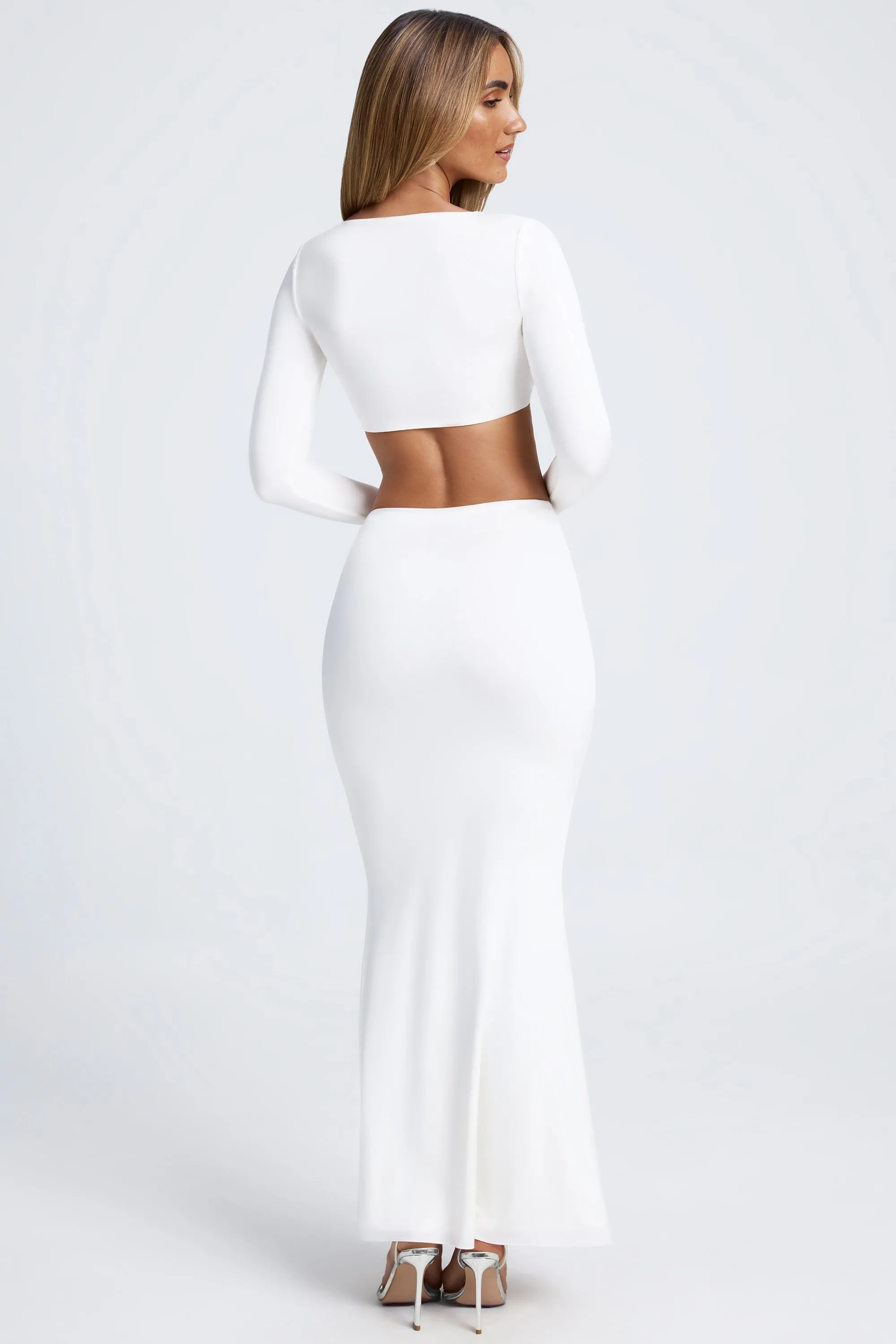 Low Impact Dye Sleek Flow Hardware Detail Fishtail Maxi Skirt in White