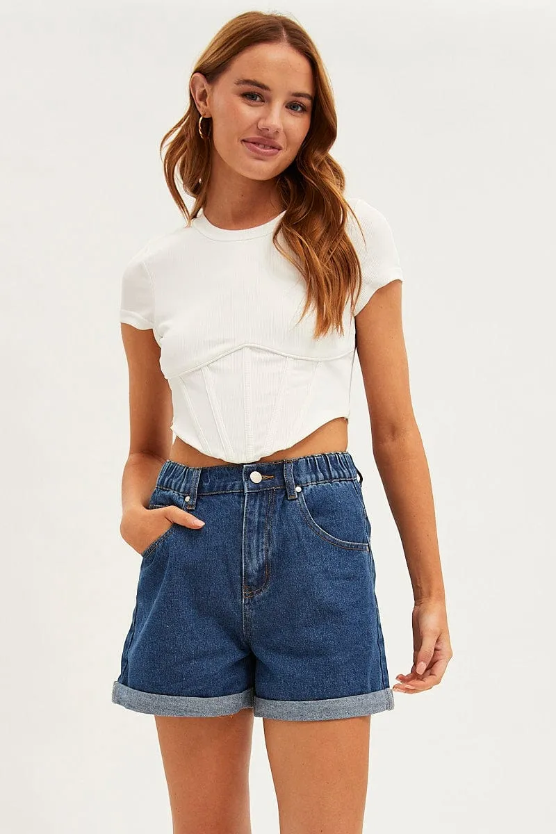 White Corset Top Short Sleeve Crew Neck Crop Baby Tee Easy Wash