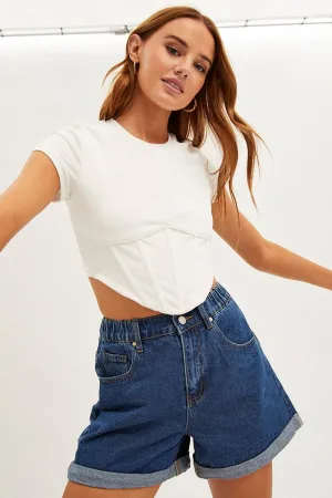 White Corset Top Short Sleeve Crew Neck Crop Baby Tee Power Vibe MultiPanelCut