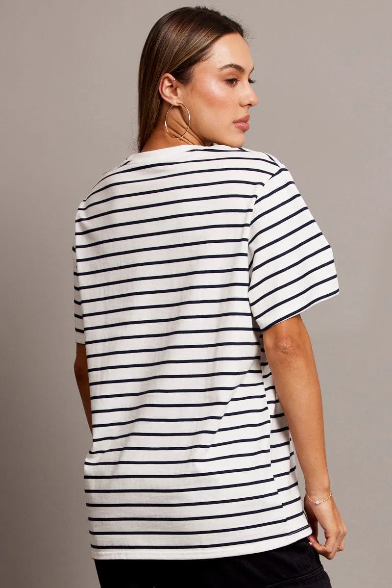 VentilatedKnit White Stripe Oversized T Shirt Short Sleeve Crew Neck