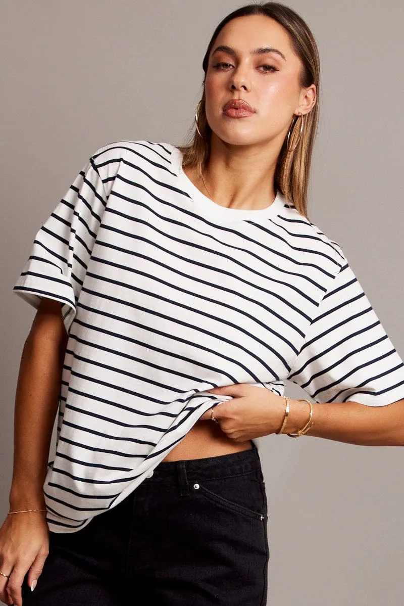 White Stripe Oversized T Shirt Short Sleeve Crew Neck Daily Use Breathable Lamination
