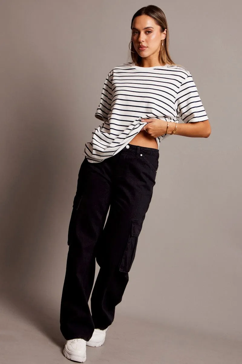 White Stripe Oversized T Shirt Short Sleeve Crew Neck Light Fabric Diamond Soul