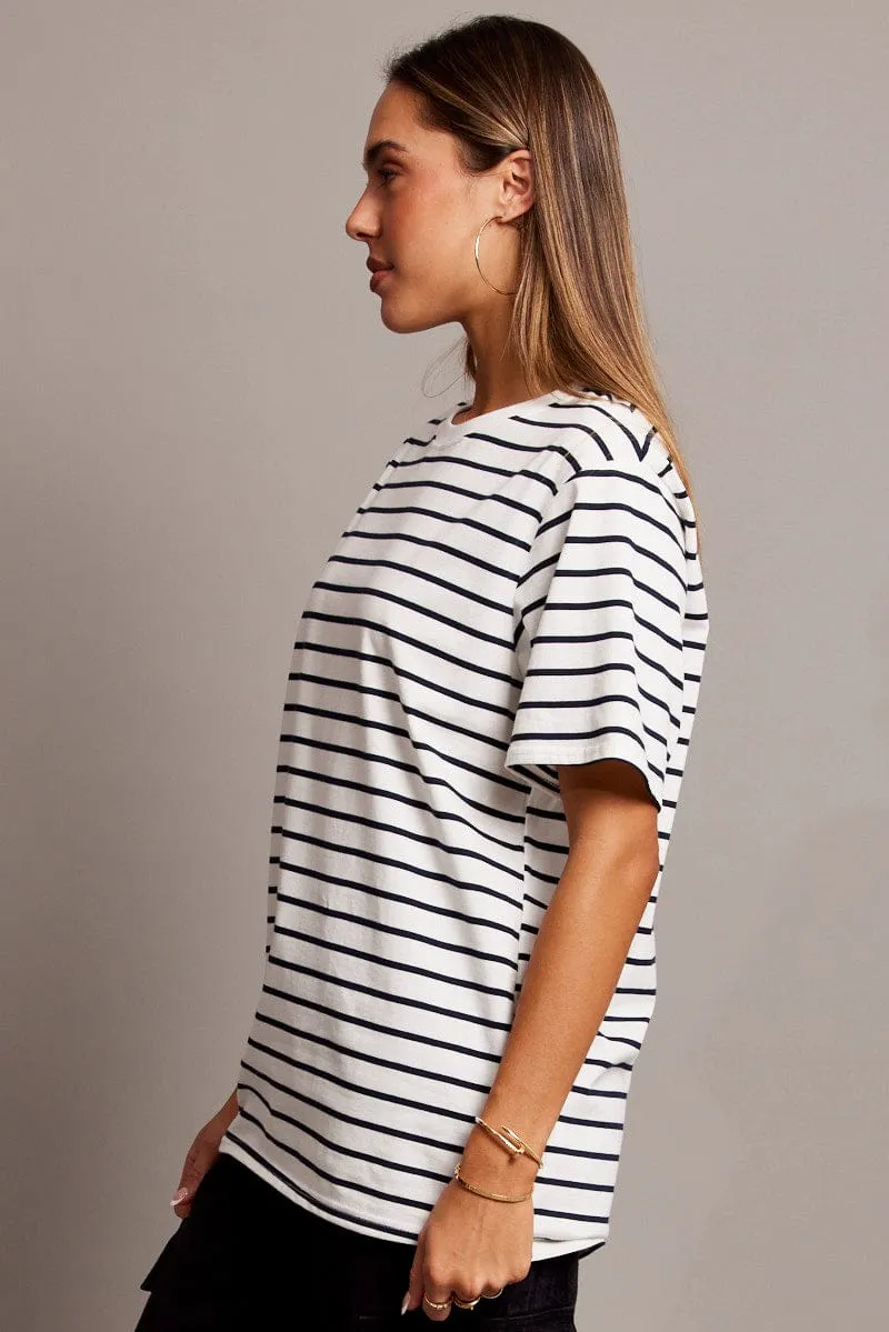 White Stripe Oversized T Shirt Short Sleeve Crew Neck StretchableMaterial Park Day