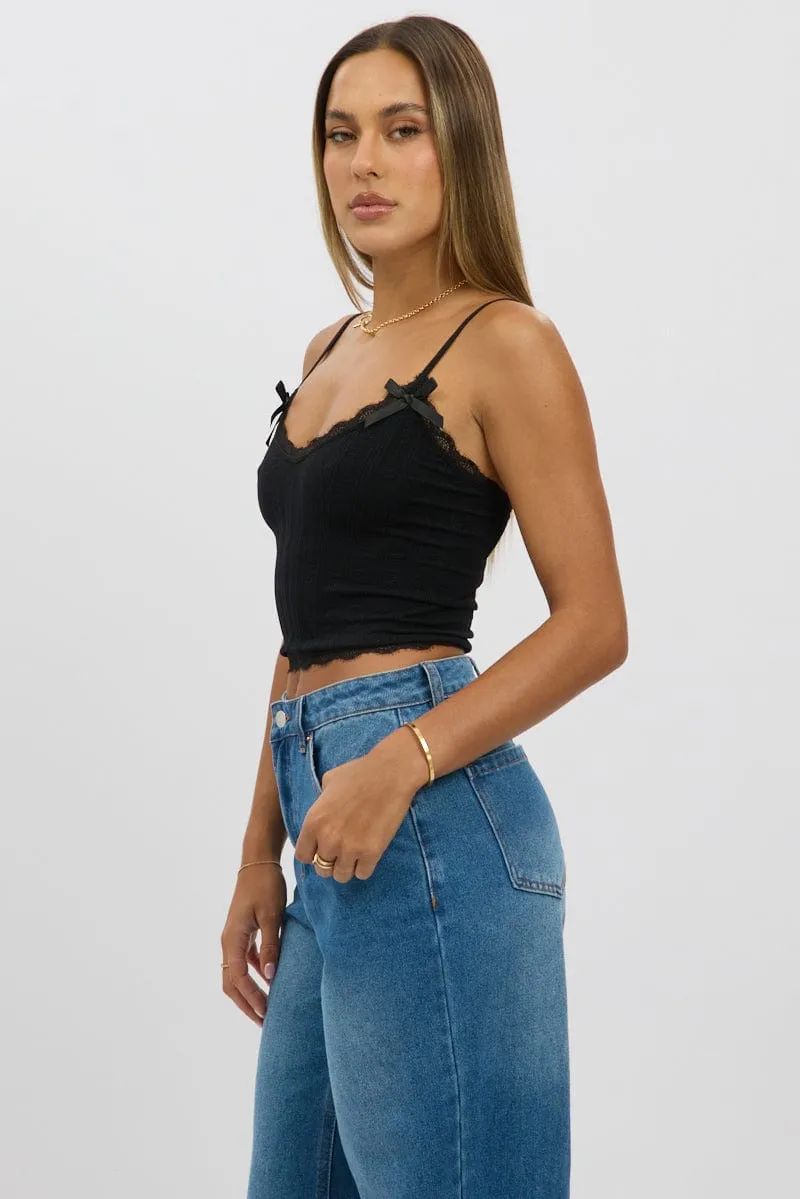 Black Cami Top Ribbon Lace Neck Easy Go Cozy Pajamas