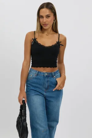 Black Cami Top Ribbon Lace Neck ZeroWaste Production Durable Construction