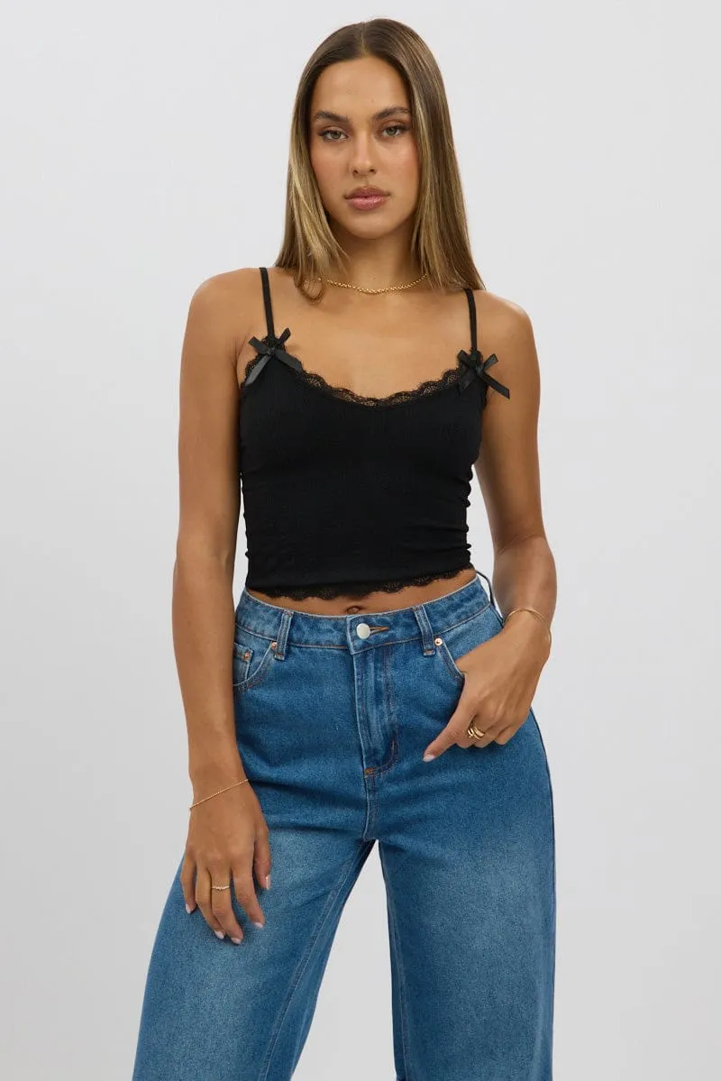 Flexible Outerwear Black Cami Top Ribbon Lace Neck